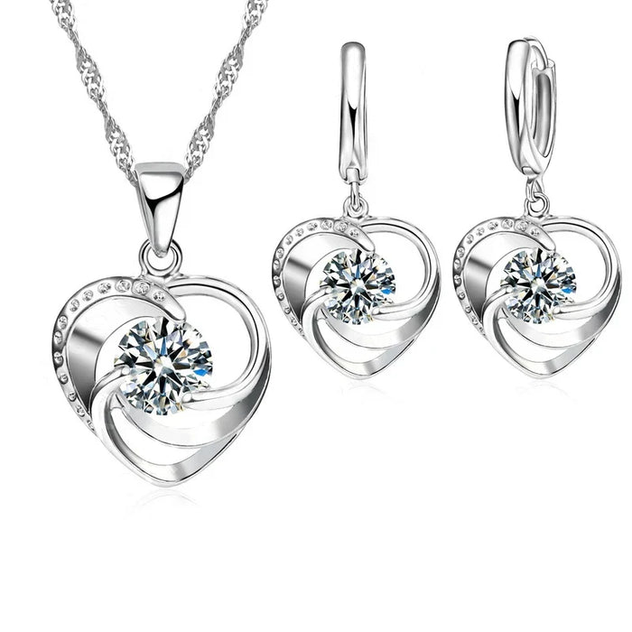 Collier et Boucles d'Oreilles en Argent Sterling en Forme de Cœur