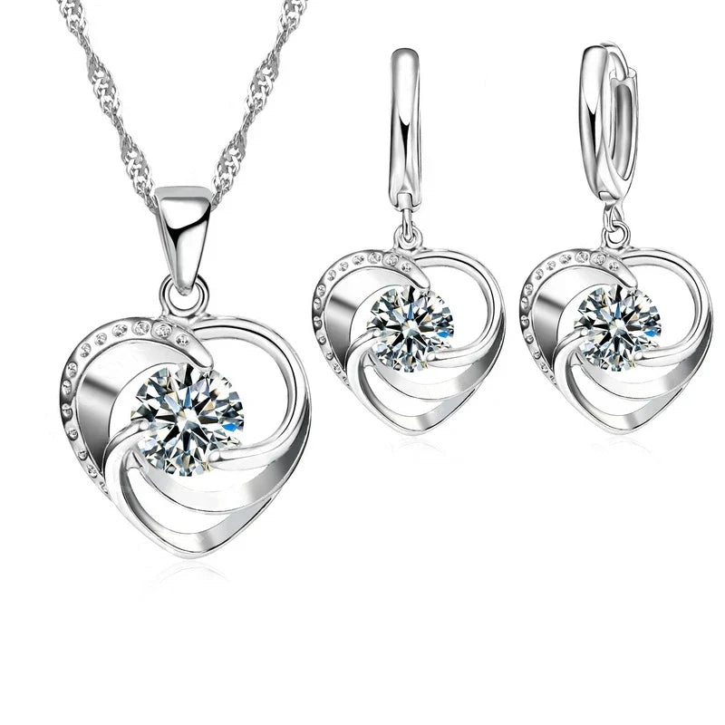 Collier et Boucles d'Oreilles en Argent Sterling en Forme de Cœur